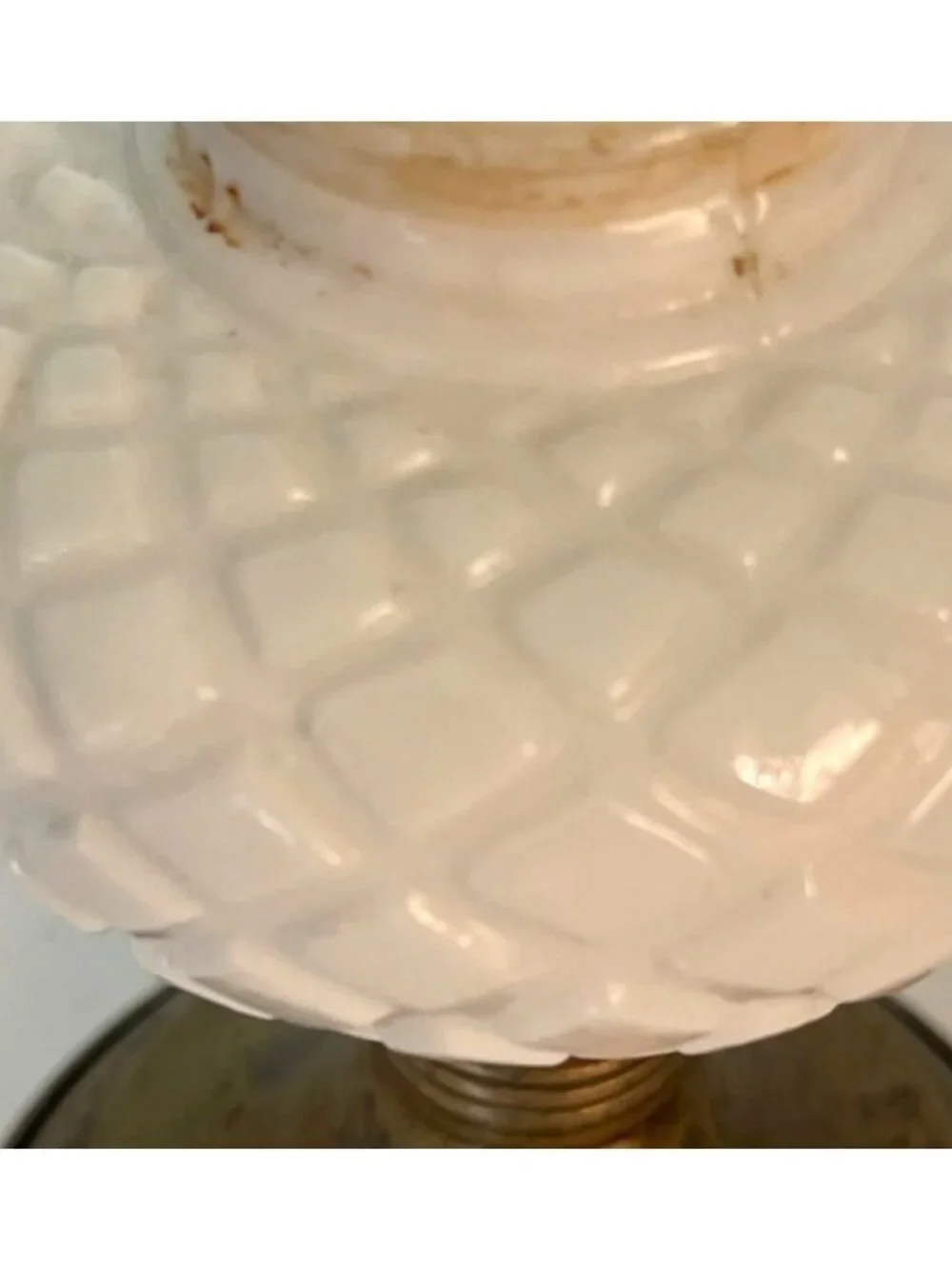 Vintage Mini Milk Glass Oil Lamp Diamond Pattern Base Ruffled Chimney 9.75